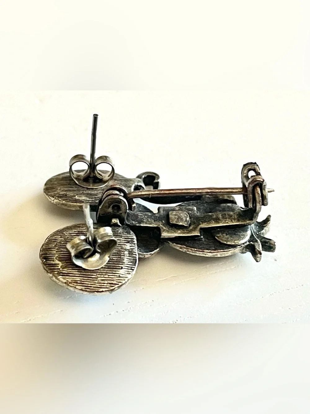 Torino Vintage 1970s Silver Pewter Mouse Brooch Pin Earring Holder Whimsical EUC